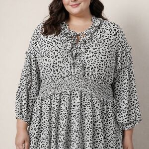 ODDY Black and Cream Leopard Print Ruffle Neck Blouse